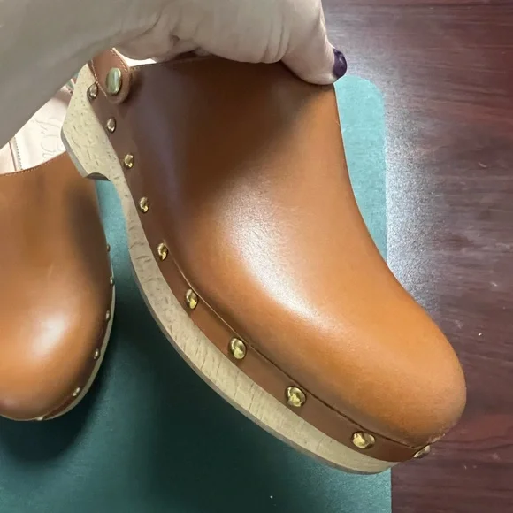 J.Crew brown leather brass stud wood platform slingback clog, size 8.5 - Picture 7 of 13